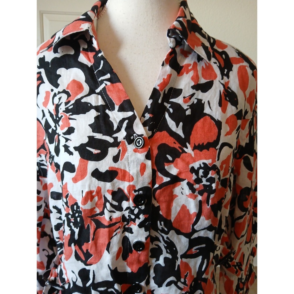David Brooks Floral Linen Blouse XL Button Front Belted Casual Top - Picture 9 of 16